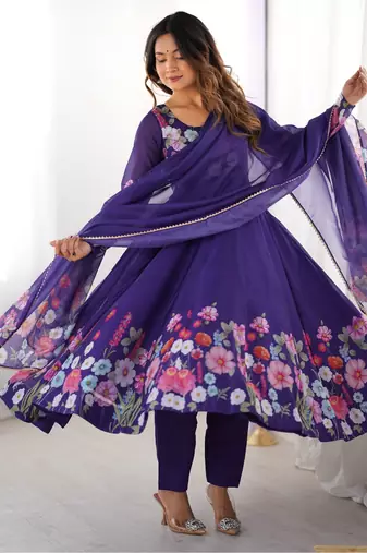 Royal purple floral organza anarkali set for women