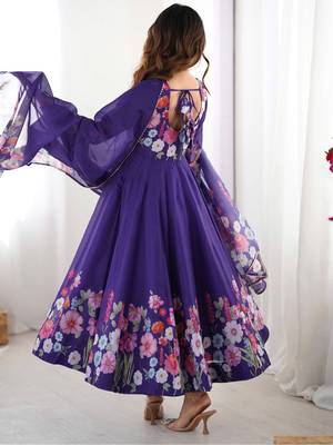 Royal purple floral organza anarkali set for women 3