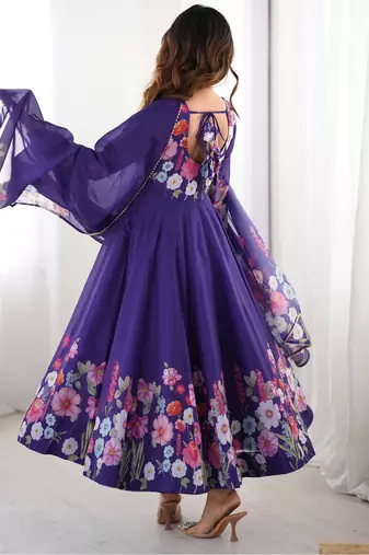 Royal purple floral organza anarkali set for women