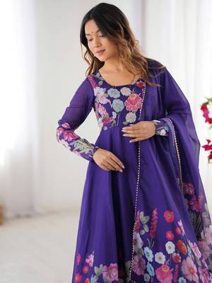 Royal purple floral organza anarkali set for women 4