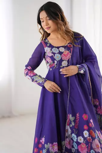 Royal purple floral organza anarkali set for women