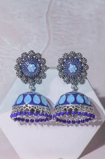Antique sliver plated blue tone jhumki