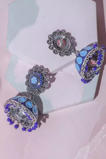 Antique sliver plated blue tone jhumki
