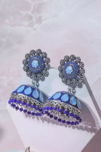 Antique sliver plated blue tone jhumki