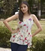 Mojilaa women's white blend rayon floral & leaf printed peplum top