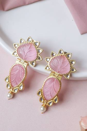 Handcrafted pink craving stone earring