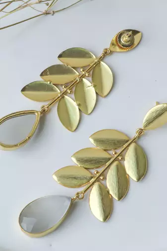 Statement leaf white stone earring