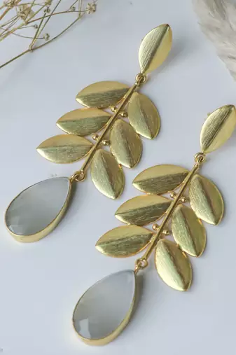 Statement leaf white stone earring