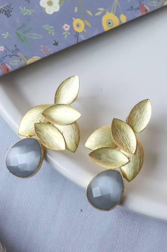 Gold plated grey leaf studs