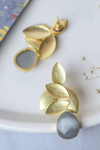 Gold plated grey leaf studs