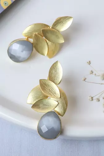 Gold plated grey leaf studs