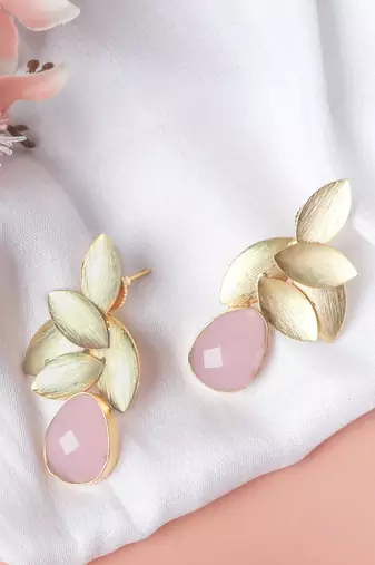 Gold plated pink leaf studs
