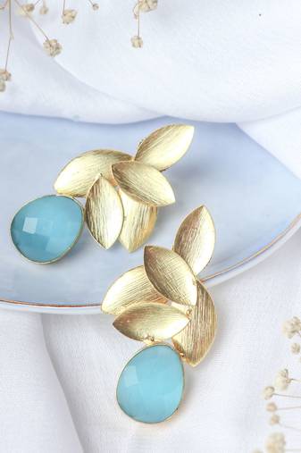 Gold plated aqua leaf studs