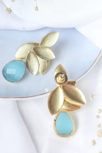 Gold plated aqua leaf studs
