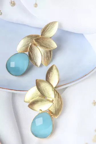 Gold plated aqua leaf studs