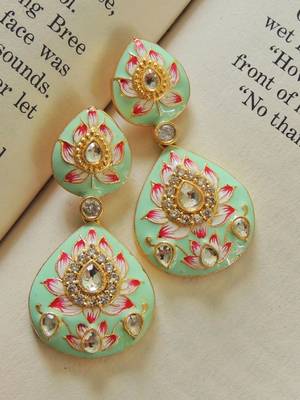 Double paan mint lotus meenakari earrings 1