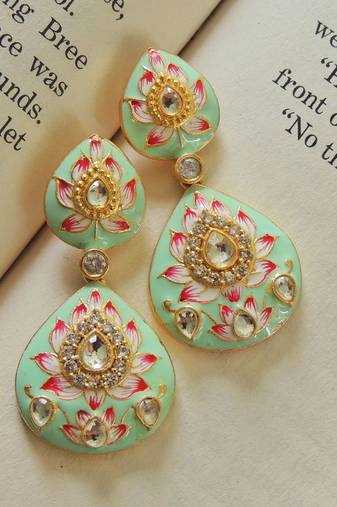 Double paan mint lotus meenakari earrings
