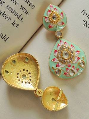 Double paan mint lotus meenakari earrings 2
