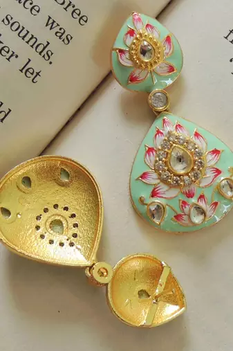 Double paan mint lotus meenakari earrings