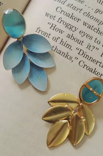 Hand-painted pastel blue leaves studs