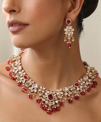 Red rose gold polki necklace set 1