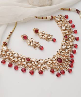 Red rose gold polki necklace set 2