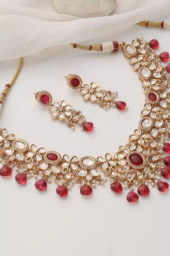 Red rose gold polki necklace set
