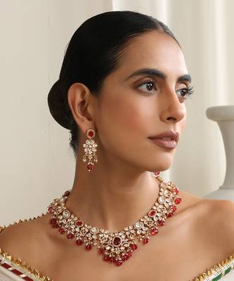 Red rose gold polki necklace set 3