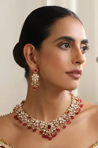 Red rose gold polki necklace set