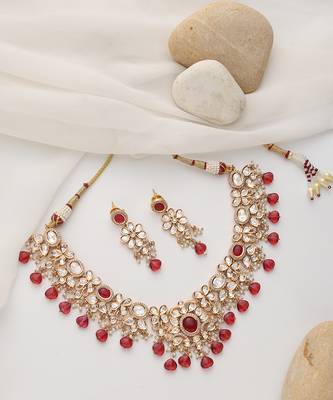 Red rose gold polki necklace set 4