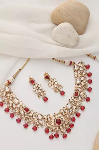 Red rose gold polki necklace set