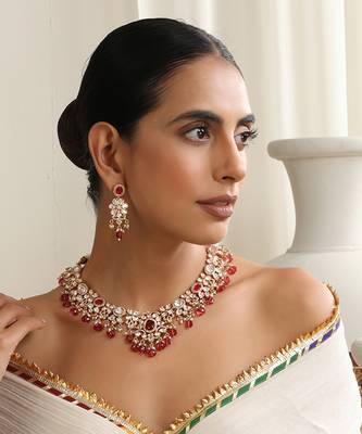 Red rose gold polki necklace set 5