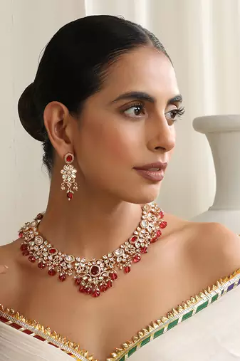Red rose gold polki necklace set