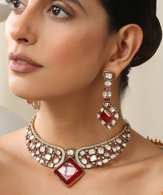 Red rose gold polki choker set 1
