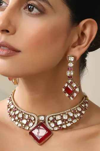 Red rose gold polki choker set