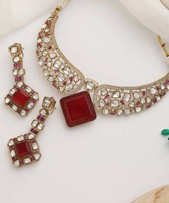 Red rose gold polki choker set 2