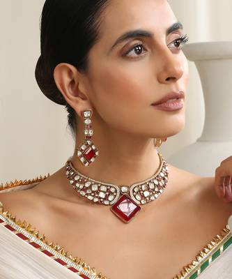 Red rose gold polki choker set 3