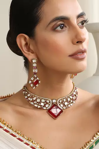 Red rose gold polki choker set