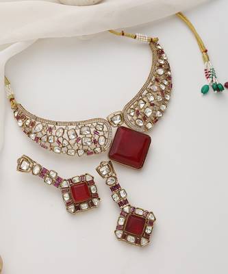Red rose gold polki choker set 4