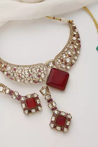 Red rose gold polki choker set