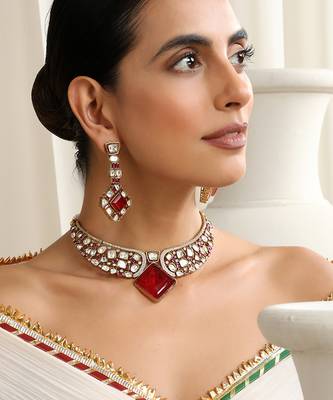Red rose gold polki choker set 5