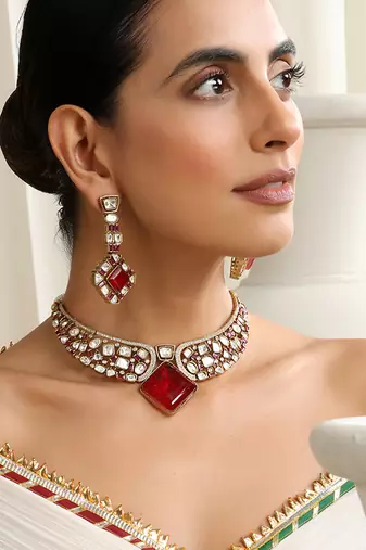Red rose gold polki choker set