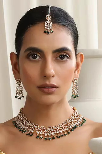 Green rose gold polki necklace set with maang tikka