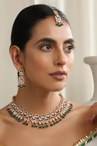 Green rose gold polki necklace set with maang tikka