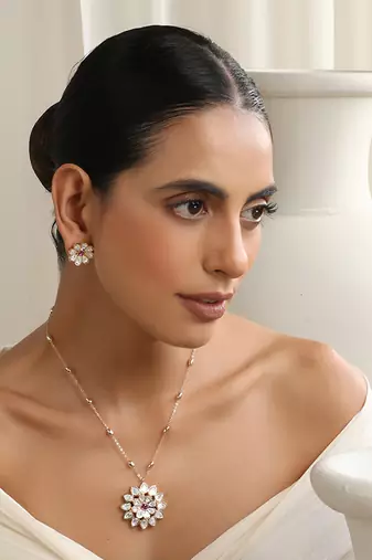 Red rose gold polki pendant set