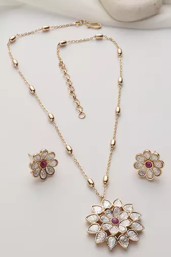 Red rose gold polki pendant set
