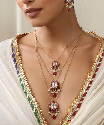 Red polki layered necklace set 1