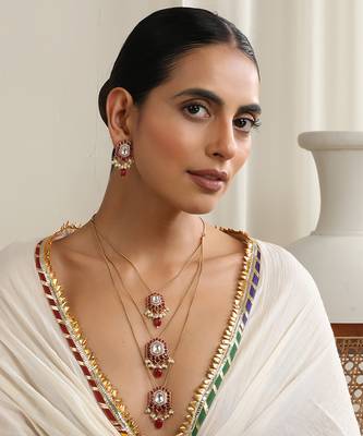 Red polki layered necklace set 4