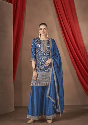 Teal embroidered vichitra stitched Palazzo suit 1