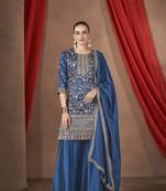 Teal embroidered vichitra stitched Palazzo suit